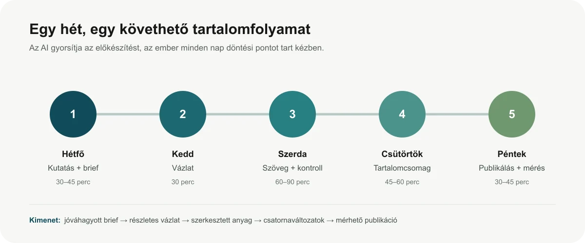Az AI-tartalomworkflow öt munkanapja: brief, vázlat, szerkesztés, tartalomcsomag, publikálás és mérés